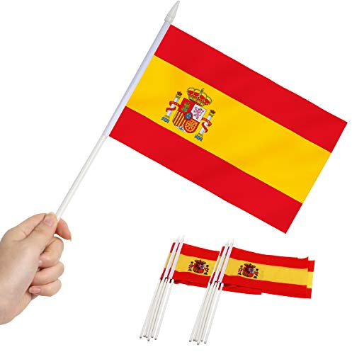 Anley Spain Mini Flag 12 Pack - Handhållna små miniatyrspanska flaggor på pinne - blekbeständiga och levande färger - 5x8 tum med solid pol & spjutstopp