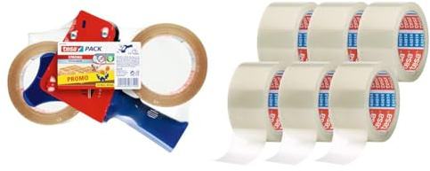 tesa Paketband-Abroller und tesapack Paketbänder im Set - 2 x hochwertiges Packband - Transparent - 66 m x 50 mm & pack 64014 im 6er Pack - Geräuscharmes Paketklebeband - transparent - je 66 m
