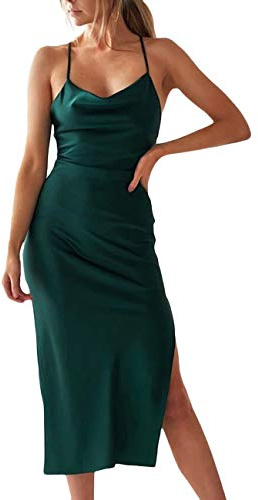 HAHAEMMA - Vestido de satén para mujer sin mangas con tirantes de espagueti, cuello alto, estampado de leopardo de lunares, para cóctel, playa, fiesta nocturna, midi, L
