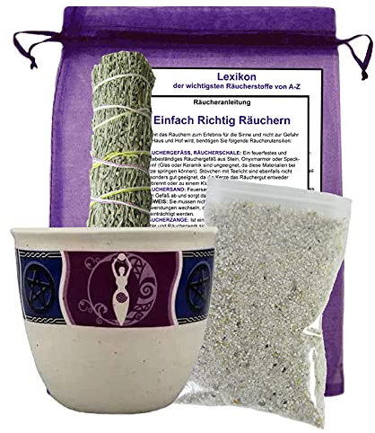 Räuchergefäß RÄUCHERSCHALE [Smudge Bowl] 5-TLG Räucher-Set + Beifuß PRÄRIEBEIFUSS zum RÄUCHERN mit ZUBEHÖR + Stoffbeutel. 82430-6