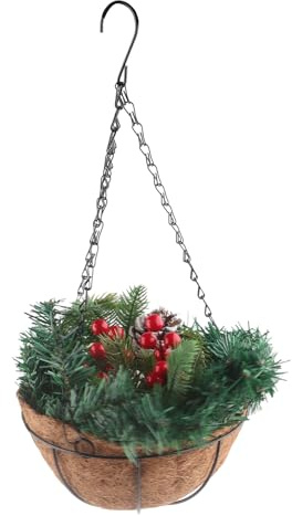 BSTCAR Hanging Flower Pot with Mixed Decorations, Red Berries, Pine Cones and White LED Lights, Creative Artificial Outdoor Hanging Basket Christmas Decorations
