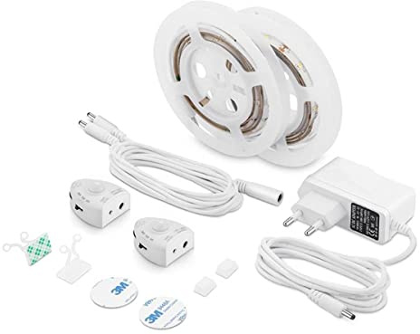 LongLife LED Bettlicht Set mit 2 Bewegungssensoren Ein/Aus dimmbar warmweiss Schlafzimmerbeleuchtung Bettbeleuchtung LED-Streifen für das Bettgestell Nachtlicht rückseitiger Klebestreifen…