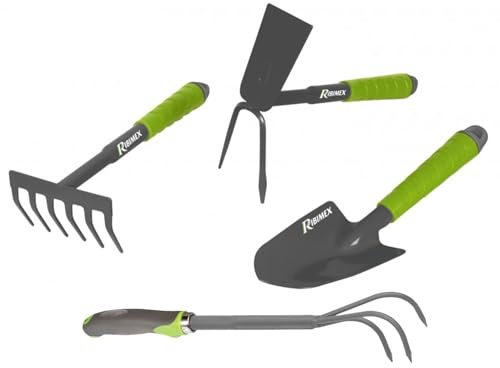 IBM Lot 4 outils de jardinage, Griffe 3 dents, serfouette, rateau, transplantoir pour fleurs en Métal