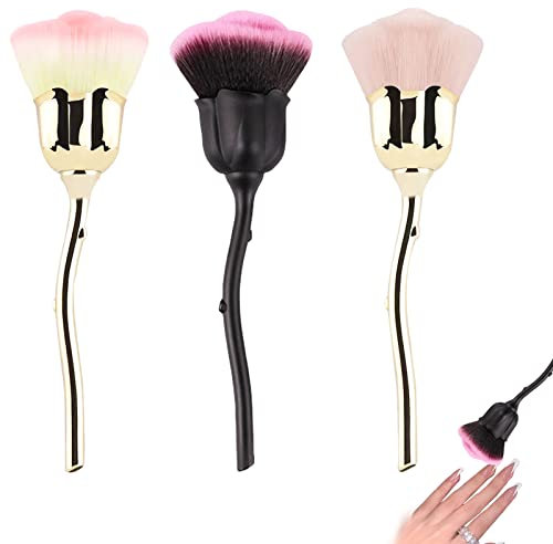 3Pcs Nail Dust Brush Rose Nail Brushes, Acrylic Long Handle Nail Brush Blusher Loose Powder Brush, Makeup Soft Blush Brush for Cleaning Dust Nail Art Tools