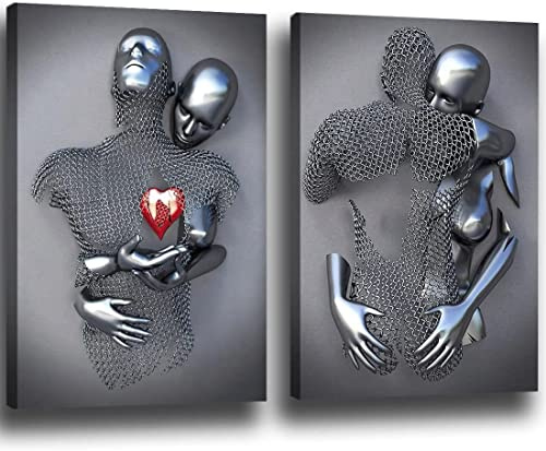 chongjian Kärlek hjärta 3D grå canvas väggkonst moderna målningar 3D abstrakt kram väggdekoration svart och vit metallfigur skulptur effekt bild vardagsrum dekoration utan ram (röd, 40 x 60 cm)