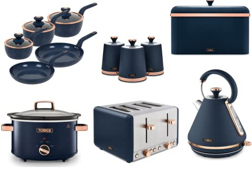 Tower Cavaletto Midnight Blue & Rose Gold Pyramid Kettle, 4 Slice Toaster, 3.5L Slow Cooker, Bread Bin, Set of 3 Canisters & 5 Piece Cookware Set. Contemporary Matching Kitchen Set