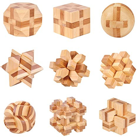 Denksportaufgaben Cube, IQ Spiele 3D Puzzle Holz, Knobelspiele Set Geduldspiel aus Holz Logisches Spielzeug Geschenk für Kinder Junge Mädchen und Erwachsene, 9 Stück