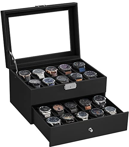 SONGMICS Boîte à Montres 20 Compartiments, Coffret à Montres, avec Couvercle en Verre, Écrin à 2 Niveaux, avec Coussinets Amovibles, Revêtement en Noir et Doublure en Noir JWB020B01
