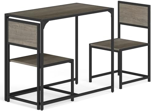 TANGZON 3-Piece Dining Table Set, Metal Frame Kitchen Table and 2 Chairs with Adjustable Footpads, Space Saving Breakfast Bar Table Chairs Set for Home Living Room Restaurant (Oak Gray)