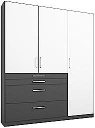 Rauch Möbel HARBURG-SUPER, Schrank, Weiß/Grau metallic, Breite 136 cm | Kleiderschrank, 3-türig, 4 Schubladen, für Schlafzimmer, Kinderzimmer, Jugendzimmer, Garderobe, Flur