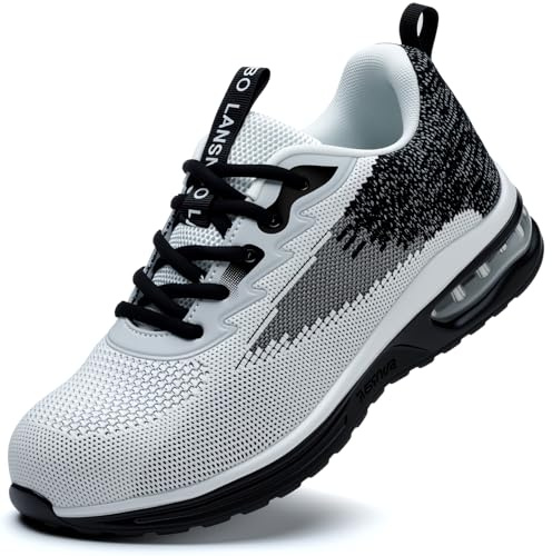 LANSNBO Steel Toe Shoes for Women Lightweight Breathable Safety Work Sneakers Non Slip Puncture Proof Utility Slip On Footwear for Industrial Construction（HEI Bai 38.5 Black White