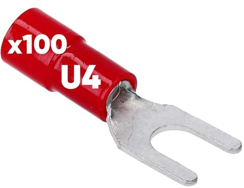 Kalitec 100x Kabelschuhe Gabelkabelschuhe 0,5-1,5mm² Rot Teilisoliert U4 | PVC Kragen Quetschverbinder für KFZ und Elektro - Robuste Gabelschuhe aus Kupfer zum Crimpen - AWG 20-16 UL-gelistet