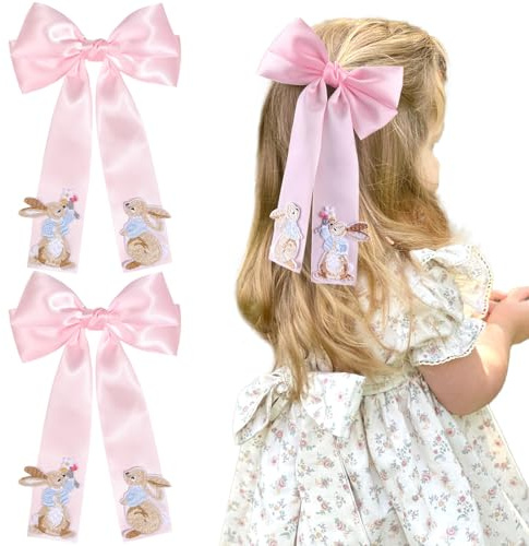NCMAMA 2Pcs Easter Hair Bows for Girls Bunny Hair Clip Pink Silk Hair Bow Ribbon Hair Accessories for Women Toddlers Infant Teens Kids