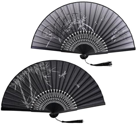 jerbro 2 Stück Fächer Hochzeit Handfächer Sommer Hochzeit Hand Fan Chinesischer Blumen Fächer Faltbar Orientalischer Faltfächer für Geburttag Hochzeit Dekoration Fotografie (Schwarz)