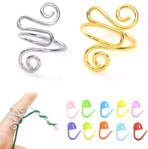 Irikdescia 2 Stück Geflochtener Strickring, Häkelspannring, mit 10 Maschenmarkierern, Verstellbarer Garnspannungskontrollring, für Häkeler, Stricker, Kunsthandwerk (Silber, Gold)