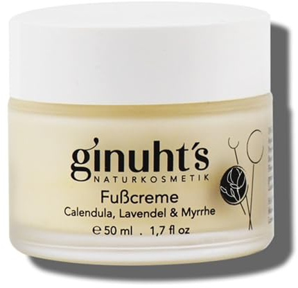 ginuht's Naturkosmetik Fusscreme 100% bio-zertifiziert, feuchtigkeitsspendend, regenerierend & antimykotisch bei Hornhaut, Hautrissen und Fußgeruch - mit Calendula & Lavendel.