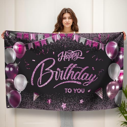 Koliphy Happy Birthday Banner, Geburtstag Deko Banner, Geburtstagsdeko für Männer Frauen, Handgehalten Stoff Geburtstagsbanner Dekoration für Drinnen und Draußen(Schwarz Lila)
