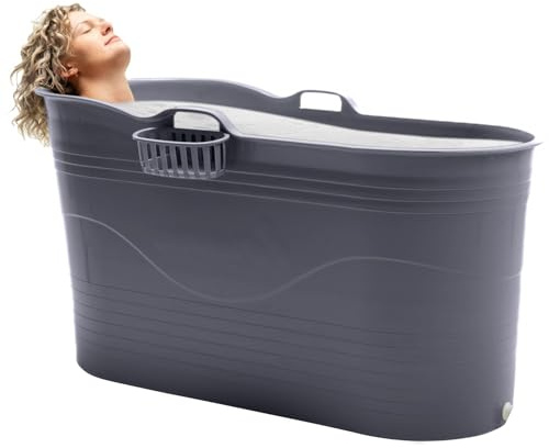 HelloBath® Mobile Badewanne XL 121x56x64 cm für Erwachsene | Tragbare Sitzbadewanne mit verlängerbarem Ablaufschlauch (3 m) & Wasserhahn | Badewanne für Dusche & Outdoor | Dunkelgrau