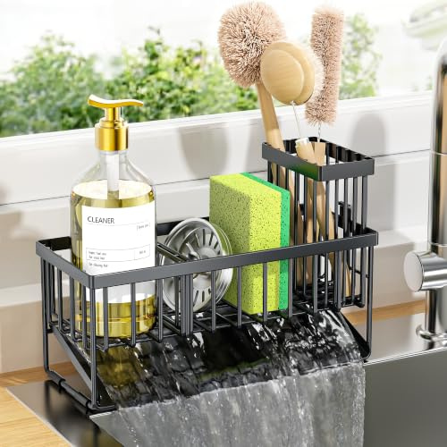 KEMDH Kitchen Sink Caddy Organiser, Sink Tidy with Removable Brush Holder, Sponge & Soap Holder,Stainless Steel Cleaning Utensil Caddy for Kitchen,Black