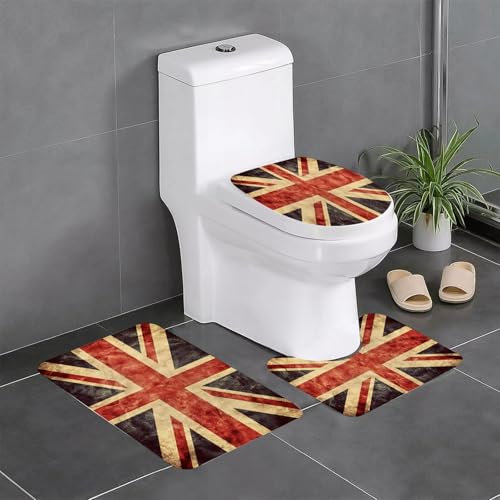 EYLOZS Badezimmerteppich Set 3 Teilig Waschbar rutschfeste Badematte Toilettenmatte Weich Saugfähige Badteppiche,Die Grunge-Flagge des Vereinigten Königreichs oder des Union Jack