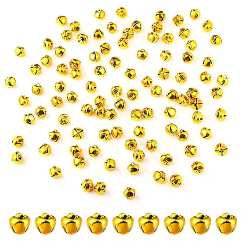 100st Glöckchen zum Basteln, 0,8cm Weihnachtsglöckchen Kleine DIY Metallglöckchen Dekorative Metallglöckchen für Feiertags- Fest- Heimparty Geschenkboxen Dekorationen (Gold)