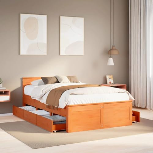 Homgoday Massivholzbett mit Kopfteil Holzbett mit Schubladen Stauraumbett Doppelbett Einzelbett Bettgestell Bettrahmen Jugendbett für Schlafzimmer GästezimmerBraun 120x200 cm