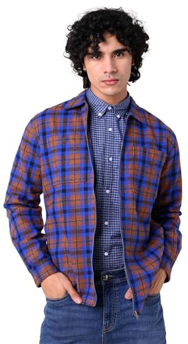 Enorsia Chemise pour homme en flanelle teintée en fil de coton sergé doux, motif à carreaux, fermeture éclair, col pointu classique, poignets boutonnés réglables pour un ajustement personnalisé