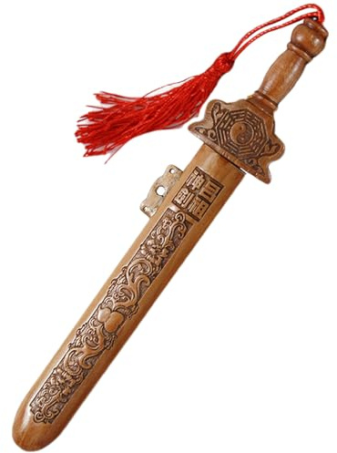 Wooden Sword 7.1 Inch Hand-Carved Chinese Peach Wood Kids Sword with Tassel Decorative Toy Sword for Office and Home Decoration