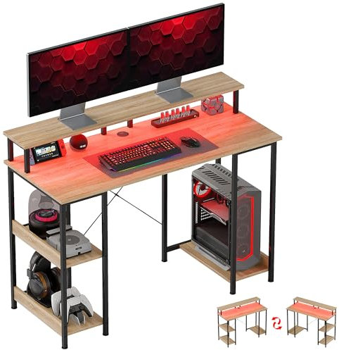 HOMCOM Bureau d'ordinateur Bureau avec Rangement réversible 120 cm - lumières LED, étagères de Rangement, Support d'écran, Passe-câble, pour étude, Naturel