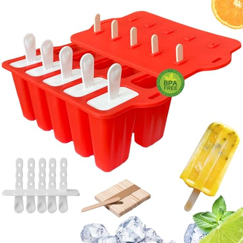Molde de helado, molde de paleta de hielo de 10 cavidades, sin BPA (Rojo) | Hecho de silicona de grado alimenticio, sin olor, divertido molde de paleta de hielo casero, reutilizable