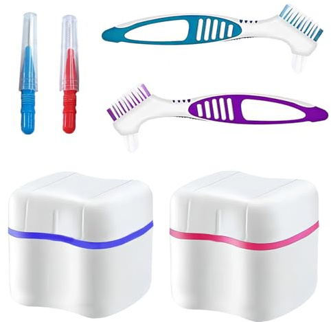Prothesendose Set, 2 Stück Zahnprothese Etui, Zahnprothesen Behälter, Dentures Case, Prothesen Aufbewahrungsbox, Kieferorthopädische Box mit 2 Stück Prothesenreinigungsbürste, für Falsche, Zahnspangen
