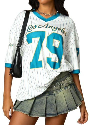 Navneet Damen Jersey Shirt Y2K Trikot Gestreift Oversize Tshirt Sommer Baggy Longshirt Kurzarm Football Streetwear Weiß M