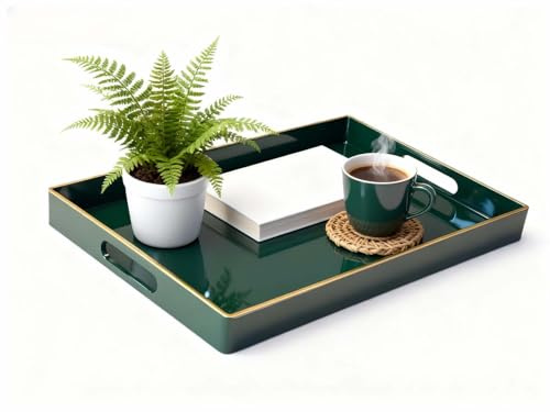 Simmer Stone Plateau décoratif rectangulaire en plastique avec poignées, coiffeuse moderne et de service pour ottoman, table basse, cuisine et salle de bain, 39,6 x 25,9 x 3,8 cm (bordure dorée, vert