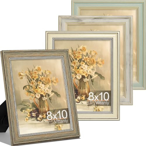Vittanly 8x10 Picture Frame Set of 4, Vintage Photo Frame for Wall or Tabletop, Display 5x7 Pictures with Mat or 8x10 without Mat, Rustic Farmhouse Home Decor, Multicolour