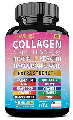 JTEVEweu Collagen Supplement - Type I, II, III, V and X - with Biotin, Keratin, Hyaluronic Acid & 13+ Extra Strength Ingredients - （90 Capsules）