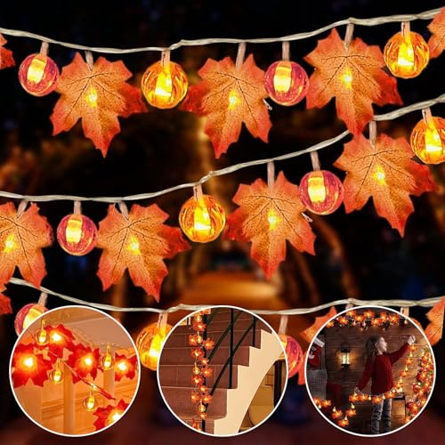 DAZZTIME Catena di Luci A Foglia D'Acero,6m 40LED Foglie di Acero Luci Addobbi Autunnali Lucine,Ghirlanda Luci Autunno,Zucca Decorazioni Per Interni All'Aperto,Natalizie Decorazioni