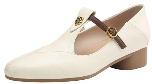 XIEPP T-Strap spetsiga avsmalnande pumps med blockklack höga klackar för shopping, bekväm design, Beige, 38 EU