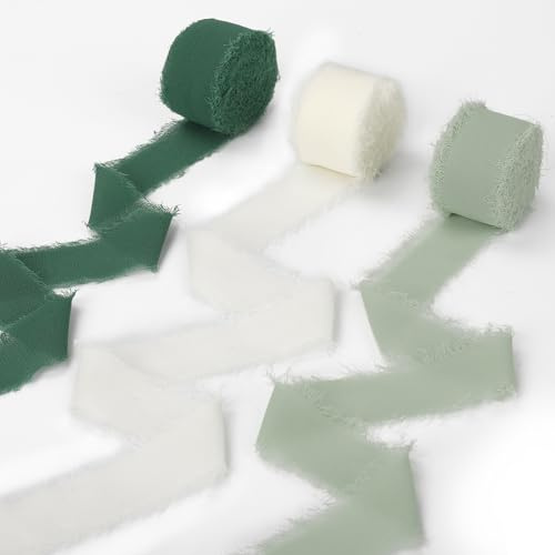 Ezvsevuo Nastro Chiffon 3 Rotoli, 2,5 cm x 18,9 m Nastrino per Bomboniere, Nastri Pacchi Regalo per Matrimoni, Confezioni Regalo, Festival - Verde Salvia & Bianco Sporco (3 Colori)