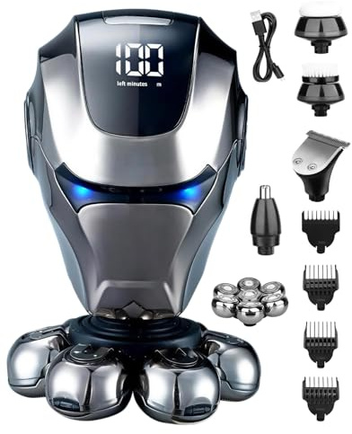 Rasoio Testa Calva Uomo 5 in 1, Rasoio Elettrico 7D Impermeabile IPX5 con Display LED, Ricarica USB-C, Kit Rasatura Multifunzionale per Testa, Barba e Viso