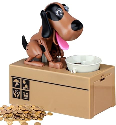Hungriger Hund Spardose, Spardose Hund Frisst Geld Kinder, Süße Welpen-Sparschwein, Hundesparschwein, Lustige Spardosen für Kinder Geburtstagsgeschenk, 16.5x8x17cm (Braun und Schwarz)