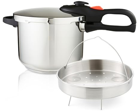 GEEPAS 6L Stainless Steel Pressure Cooker | Induction Hob Compatible Cooker | Quick Pressure Release Dual Handles for Fast Cooking at Home or in Catering Kitchens Energy Efficient Safety Lock Silver