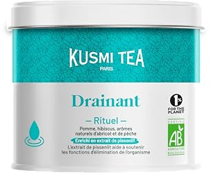 Kusmi Tea - Rituel Drainant Bio - Infusion Bio à la Pomme et l'Hibiscus - Tisane pour détoxifier votre organisme - Pissenlit, Arômes naturels de pêche et d'abricot - Boite Thé Métal 100g