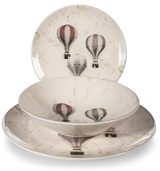 H&H Servizio Piatti Natalizio/Invernale/Autunnale 18 Pezzi Frosty Sky in Stoneware Decorato – Con Mongolfiere – 6 Piani, 6 Fondi, 6 Frutta– Lavabile in Lavastoviglie e Adatto al Microonde