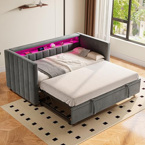 Ligterra Daybed 90x190 cm, Tagesbett Ausziehbett mit USB-C-Anschluss, LED-Ambiente, Schrankbett mit Schlaffunktion & Lattenrost, Samtstoff, Ohne Matratze(Dunkelgrau)