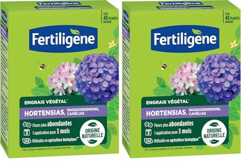 FERTILIGENE FEGHOR12 - Engrais Végétal Hortensias, Rhododendrons, Camélias 1,2 kg - Fleurs plus abondantes -Seulement 1 application en 3 mois -Jusqu'à 48 plantes - Produit 100% naturel avec zéolite