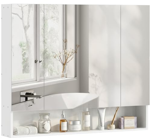 kleankin Specchio Bagno Contenitore con 3 Ante Soft Close, 90x15x75 cm Mobile Bagno con Specchio, Ripiani Regolabili, Scomparto Aperto, Mobilettto Bagno da Parete Salvaspazio in Vetro, Bianco
