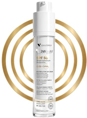 Glow Day Solkräm för Ansiktet 50, Solkräm med Biostimulerande Anti-rynkskydd med Peptid, 100/100 på Yuka, Inget Vittande Effekt och Inga Nanopartiklar, 50 ml