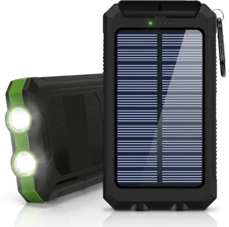 Power Bank Solare 20000mAh Impermeabile IP65, Caricatore Portatile con 2 Porte USB 2.1A, Torcia LED 3 Modalità SOS/Strobo, Batteria Esterna per Campeggio, Escursionismo e Viaggi