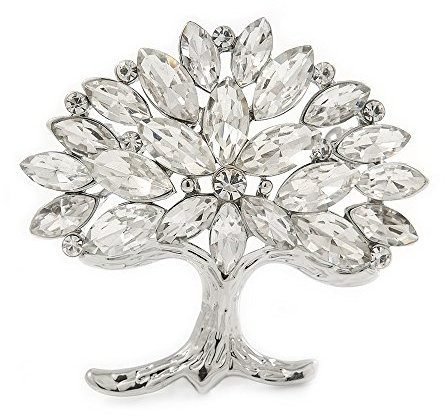 Broche arbre de vie en cristal transparent plaqué rhodium – 45 mm, taille unique, Pas de type de métal, diamante