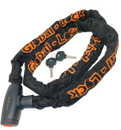 GLOBAL-LOCK - Candado de Cadena de Alta Seguridad (8mm x 120 cm) | Cadena Antirrobo para Bicicleta, Moto o Scooter | Aleación de Acero y Eslabones Cementados | Candado con Llave y Funda de Nylon